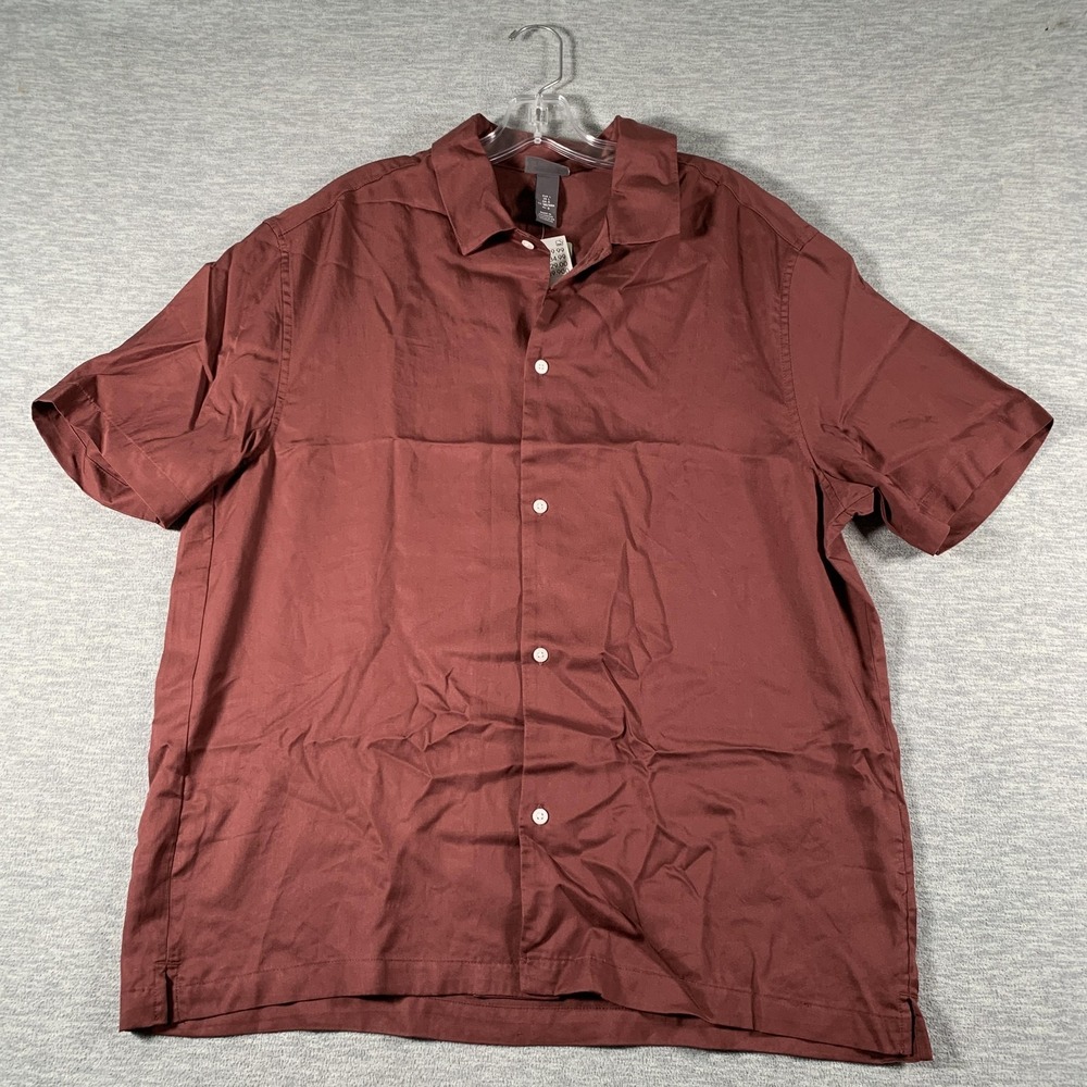 H&M Shirt Mens Large Red Solid Short Sleeve Button Front‎ Lyocell Casual